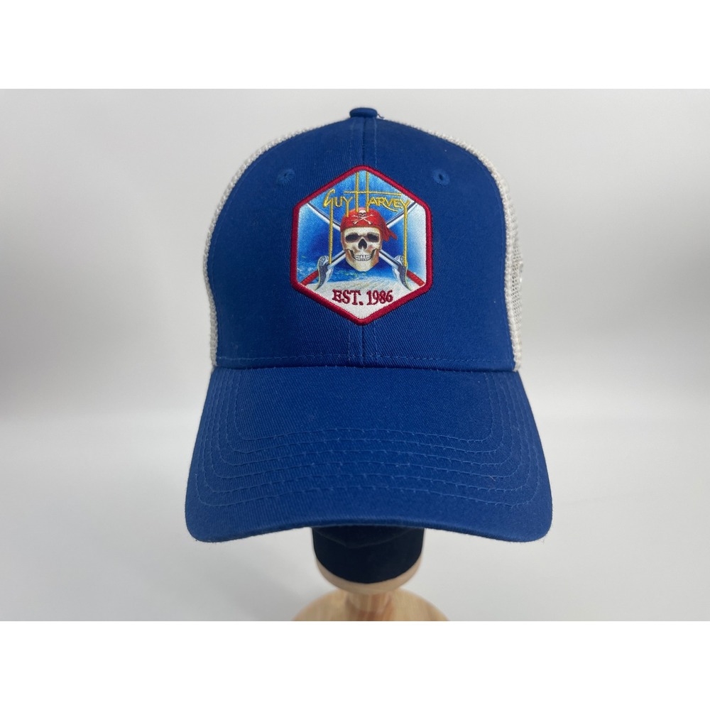 Guy Harvey Pirate Skull Trucker Hat Mens OSFA Blue White Marlin Fishing Cap